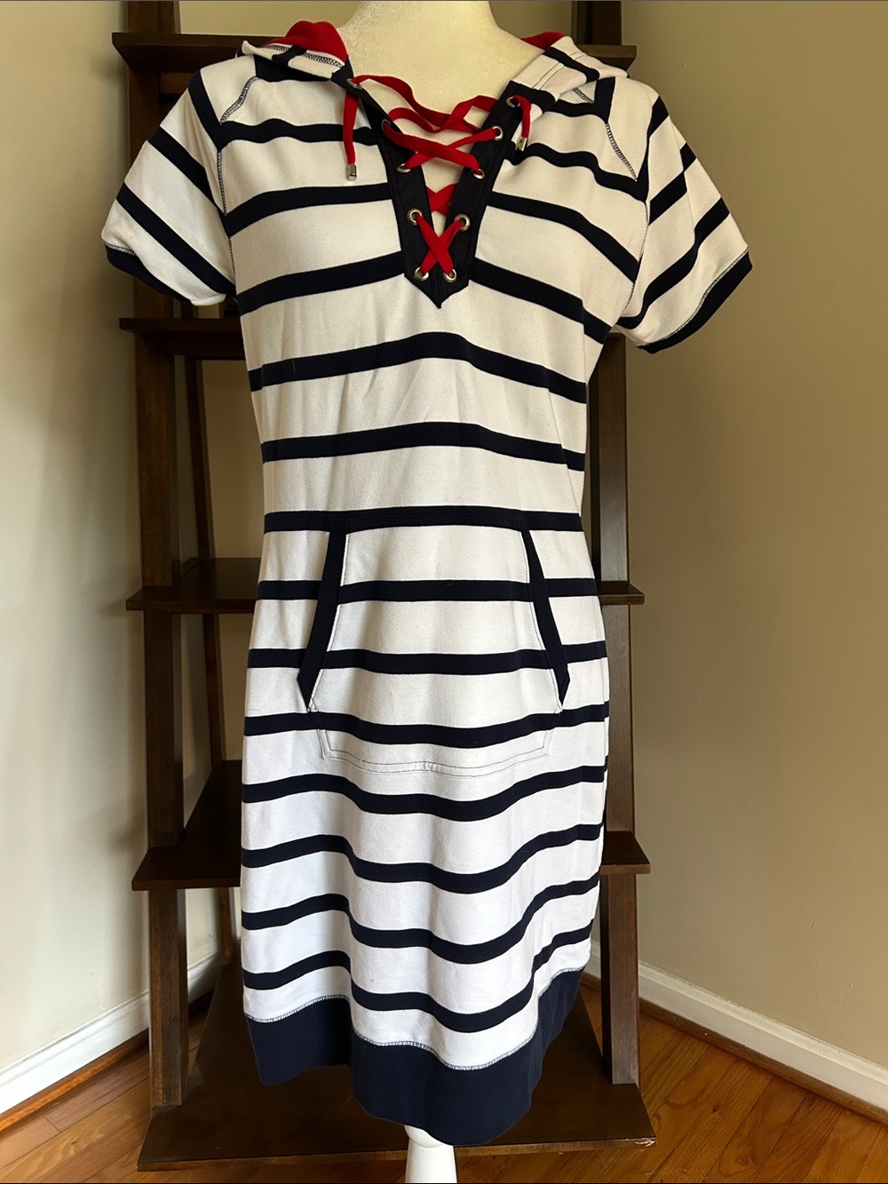 Navy & White Striped Casual Hooded Dress with Red Lace-Up Detail